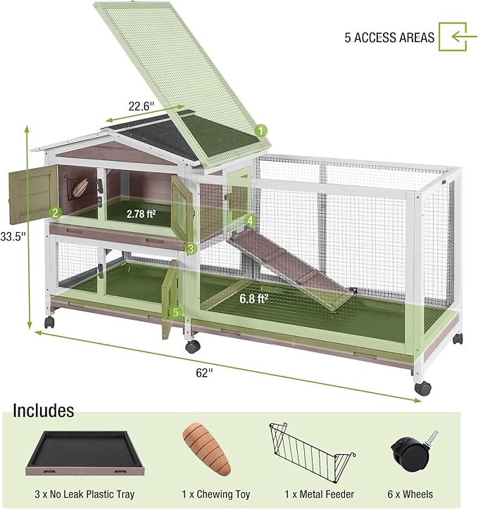 GUTINNEEN Rabbit Hutch with Chew-Proof Ramp, Large Mobile Bunny Cage with 6 Wheels, 2 Story Wooden Cage for Rabbits, Guinea Pigs, and Chickens, Outdoor/Indoor Use, 62" L x 22.6" W x 33.5" H