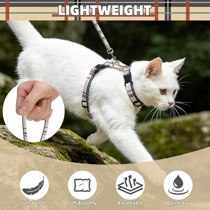 PUPTECK Adjustable Cat Harness and Leash Set Escape Proof Kitten Strap Collar for Walking Travel, Beige Plaid