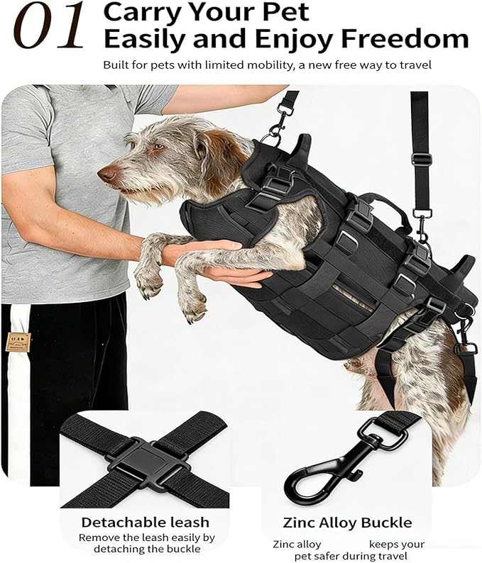 Dog Harness for Senior Hurt or Pets with Full Body Assistance and 3 Handles Pet Rehabilitation Lift with Easy Open Clasps and Water Fabric