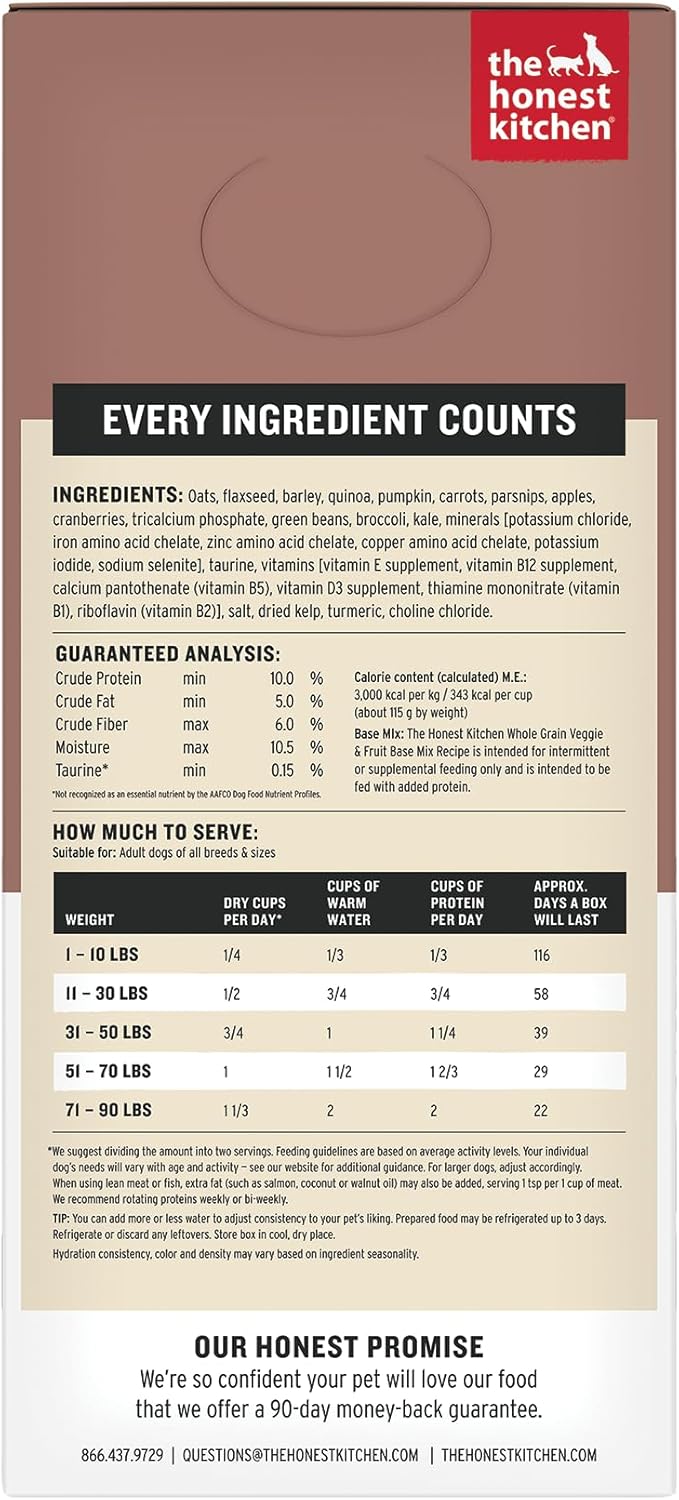The Honest Kitchen Human Grade Wholemade™ Dehydrated Dog Food, Whole Grain, Veggie & Fruit Base Mix Dog Food (Just Add Protein), 7 lb (makes 28lbs)