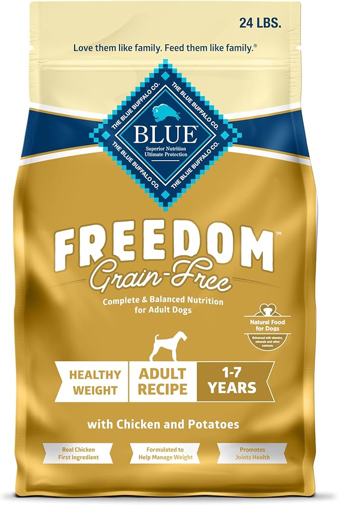 Blue Buffalo Freedom Grain-Free Healthy Weight Dry Dog Food, Complete & Balanced Nutrition for Adult Dogs, Made in the USA with Natural Ingredients, Chicken & Potatoes, 24-lb Bag