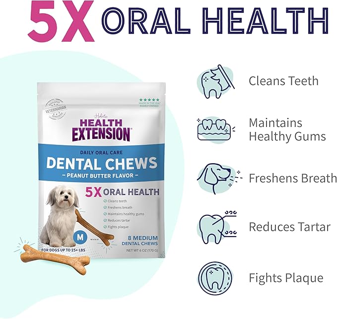 Health Extension Peanut Butter Dental Bones for Dogs, 8 Medium Bones – Supports Dental Health, Delicious Flavor, Ideal for Puppy Training