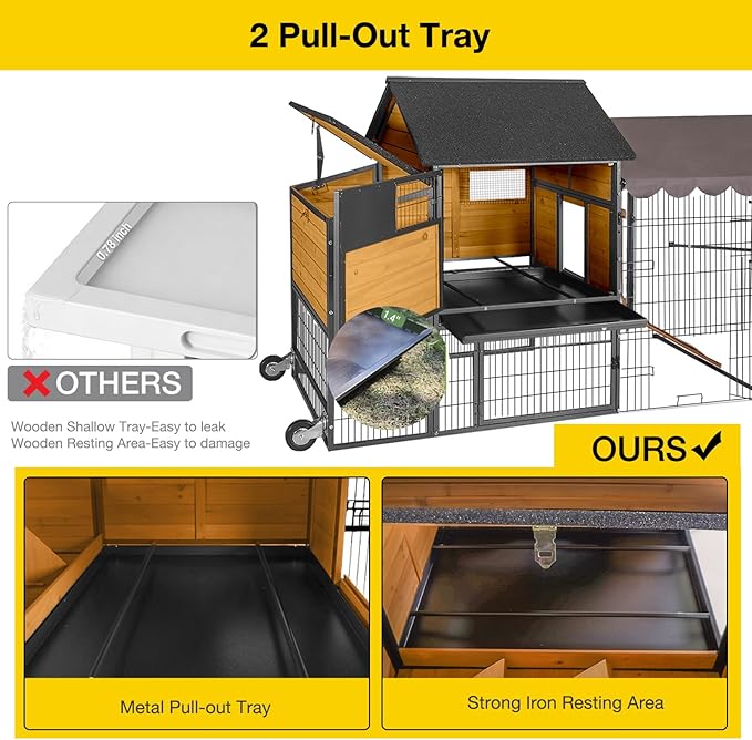 Large Chicken Coop with Upgraded Metal Frame, Wooden Poultry Cage with Outdoor Run, Chicken Tractor with Wheels, Pull Out Trays, Asphalt Roof & Lockable Nesting Box for Chickens Ducks Rabbits
