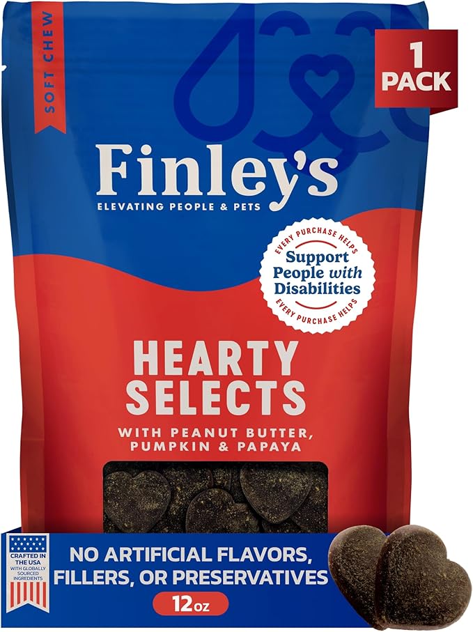Finley's Peanut Butter & Pumpkin Hearty Bites, Plant Based Dog Treats, Nutrient Packed, Papaya & Flax Seed, Vegan 12oz, 1 Pack