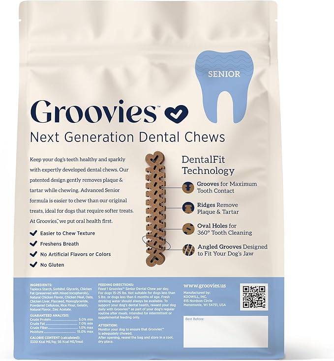 Groovies Senior Medium Dog Dental Chews for Dogs, Patented DentalFit Technology for Plaque & Tartar Support, Flexible Texture for Easy Chewing, Chicken Flavor, USA Manufactured,15–25 lb Dogs, 22 Count