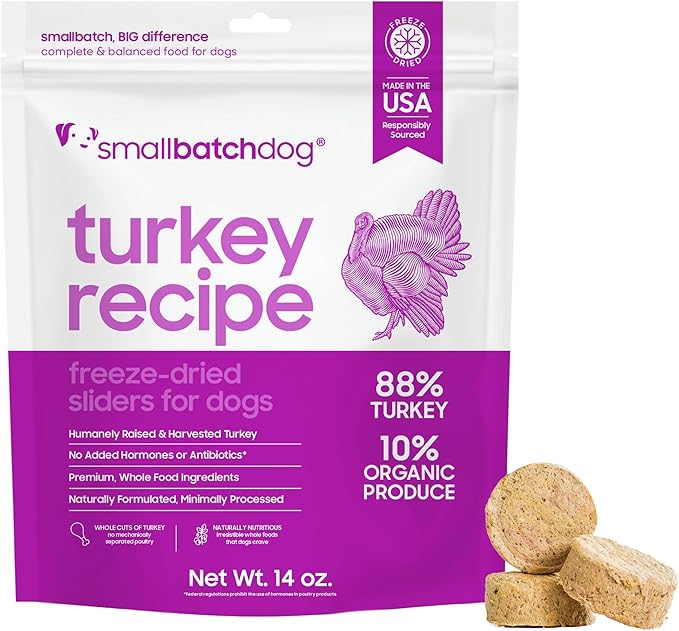 smallbatch Pets Freeze Dried Raw Dog Food, Turkey Recipe, 14 oz, Organic High Protein Dog Food, Grain Free, Made in The USA, Humanely Raised Meat, Single Protein, for Picky Eaters, Hydrate & Serve