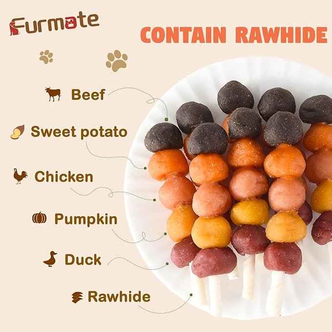 Kabobs Dog Treats, Multi-Flavor Rawhide Dog Chew Sticks Made with Chicken, Duck, Beef, Sweet Potato and Pumpkin, Long Lasting Rewards & Training Treats for Small Medium Large Dogs, 10.58 oz