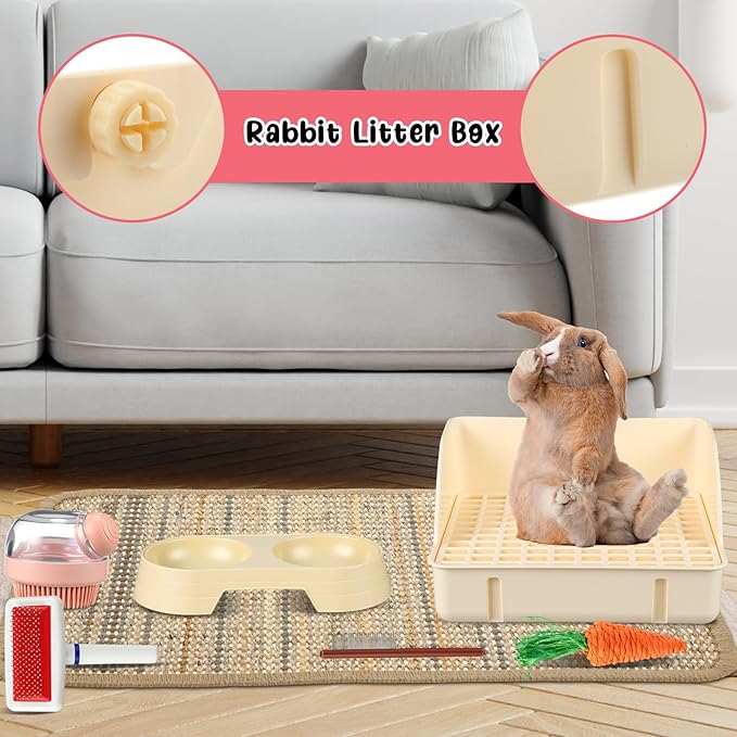 Honeydak 10 Pcs Rabbit Starter Kit Small Litter Box Bunny Grooming Kit Scratch Pads Hay Feeder Bowl Ice Pad with Bunny Toys for Guinea Pig Rabbit Accessories(Beige)