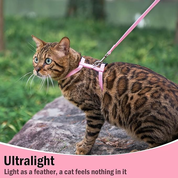 PUPTECK Adjustable Cat Harness and Leash Set Escape Proof Kitten Strap Collar for Walking Travel, Pink, M