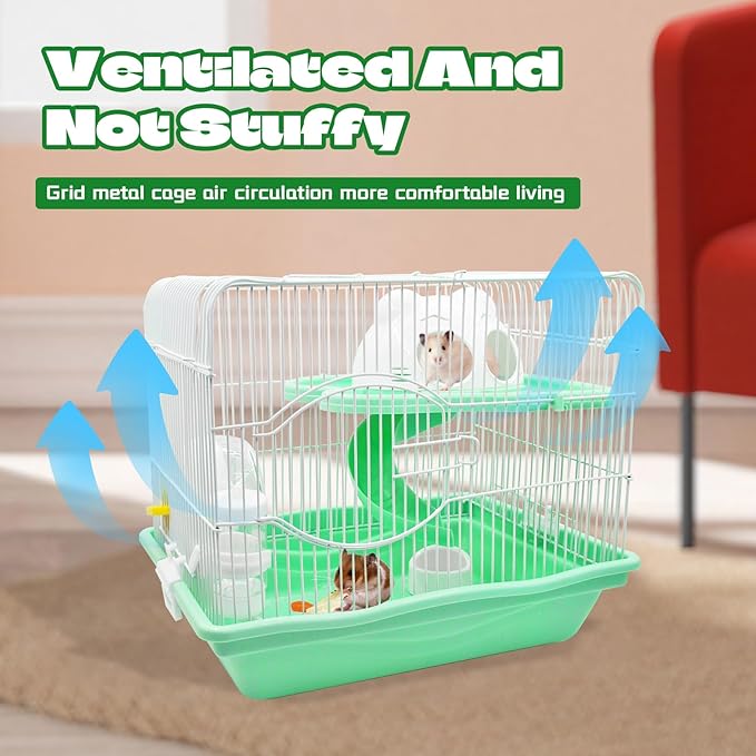 2-Tier Portable Hamster Cage and Habitats,Travel Metal Mouse Cages with Free Water Bottle,Houses and Exercise Wheel for Any Breed of Hamster and Small Animal (14.6x11.0x11.8inch Green)