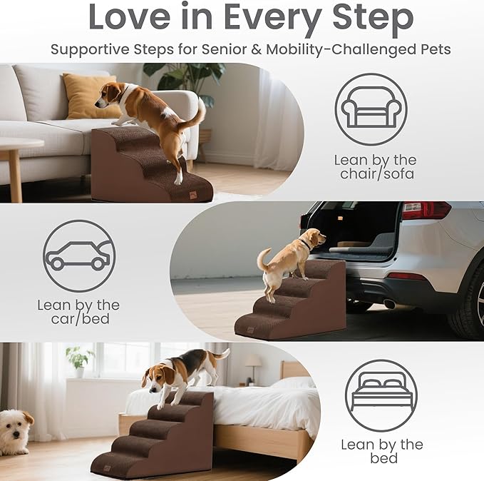 GoGoBunny Waterproof High Density Foam Curved Dog Stairs for High Beds Couches 19.7" H, 4-Step Ramp Dog Steps Friendly to Small Medium Dogs or Pets Joints, Non-Slip Balanced Durable Pet Step, Brown