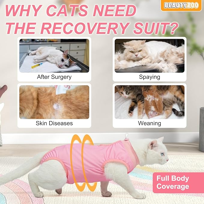 BEAUTYZOO 2 Pack Cat Recovery Suit, Cat Onesie for Cats After Surgery Female Male, Kitten Spay Neuter Surgical Recovery Body Suit Cone of Shame Alternative, Anti Lick Pet Anxiety Vest, Pink XS
