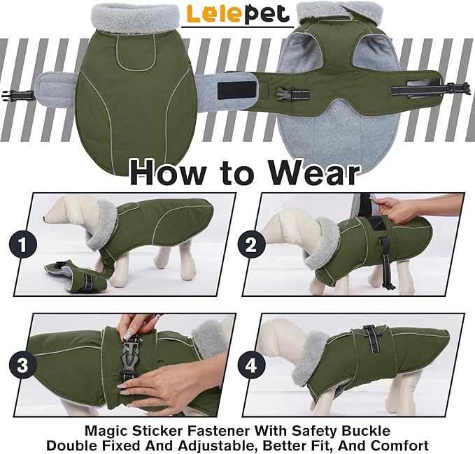 Lelepet Warm Dog Coat Reflective Fleece Vest Waterproof Dog Jacket with Adjustable Buckle Hook & Loop Windproof Cold Weather Coats for Small Medium Large Dogs, Army Green, M