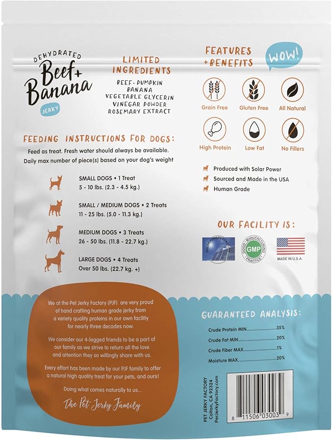 PET JERKY FACTORY Premium Beef and Banana 12 oz. Dog Jerky Treats | 100% Human Grade | USA Made-| High Protein-| Grain Free-| Limited Ingredients-| No Filler-| BHA-BHT Free-| Soft-Tender,(Pack of 2)