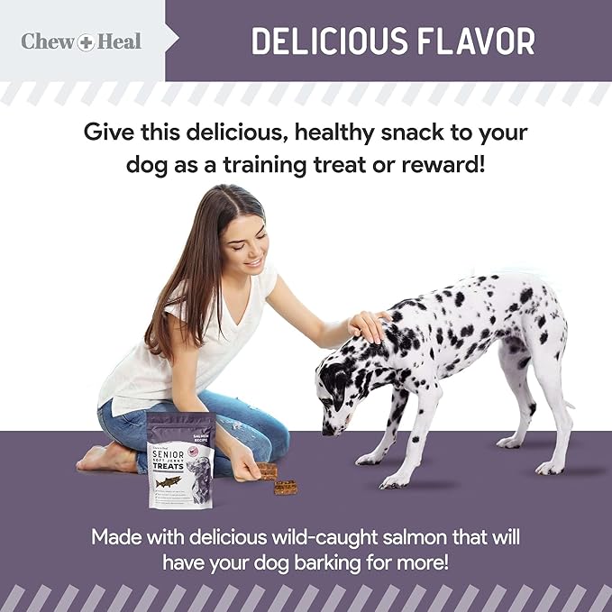 Chew + Heal Labs Seniors Soft Jerky Salmon Dog Treats - 12 oz of Omega Jerky - Dog Joint Supplement with Wild Alaskan Salmon and Turmeric - Made in the USA