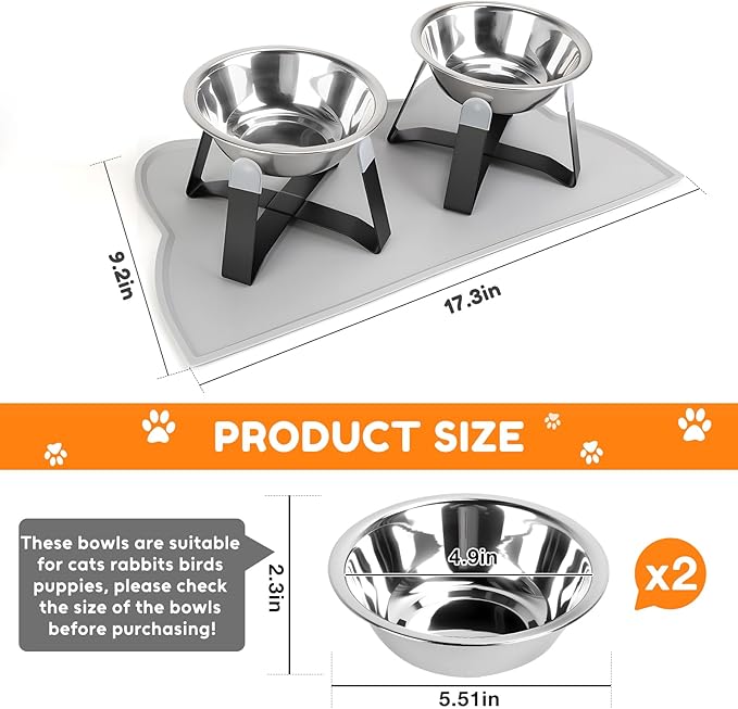 2 Pack Raised Cat Bowls Holder with Non-Slip Mat Stainless Steel Cat Feeder Elevated Pet Water Food Bowls for Cats Puppies Rabbits (Black)