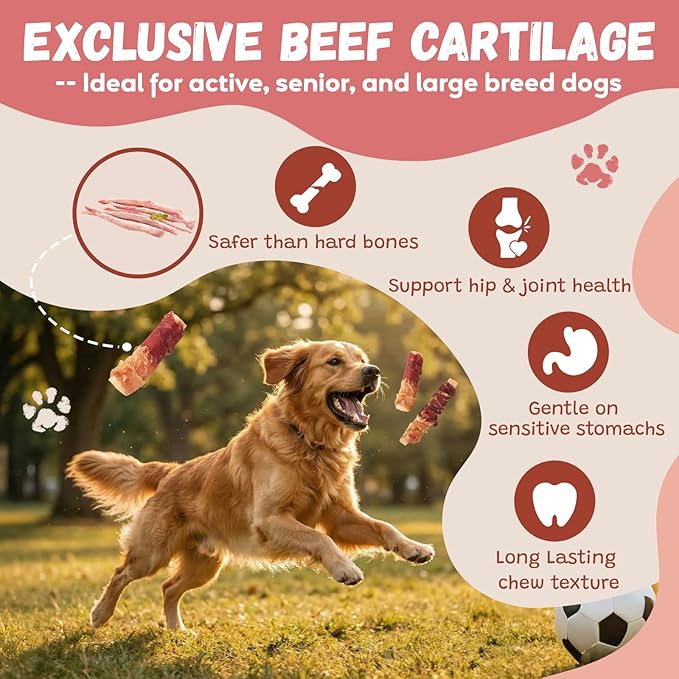 Dog Treats Chicken & Duck Wrapped Beef Cartilages, Long Lasting Dog Bones Rawhide Free & Grain Free, Low Fat Dog Chews for Medium Large Breed Dogs, 10.6 oz