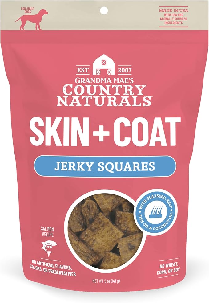 Grandma Mae's Country Naturals Jerky Squares Skin & Coat Dog Treats, Salmon with Flaxseed, Kelp, Fish Oil & Coconut Oil, No Wheat, Corn, or Soy, Made in USA, 5 oz