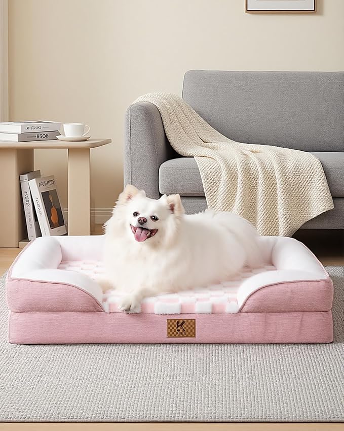 KSIIA Waterproof Dog Bed Orthopedic for Medium Senior Dog Couch with Sides, Extra Thick Supportive Pet Bed Sofa with Soft Plush Cover and Non-Slip Bottom, 36 x 27 Inch, Pink