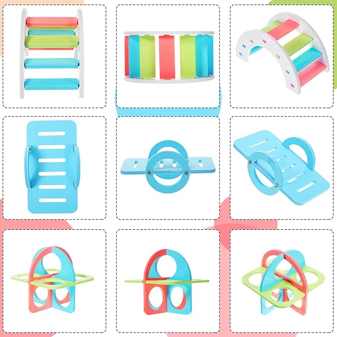 Skylety 5 Pcs Hamster Toys Include Wooden Accessories Hamster House Guinea Pig Hideout Rainbow Bridge Seesaw Swing Exercise Circle Cage Toy for Small Animals(6.3 x 3.93 x 5.5 Inch,Blue)