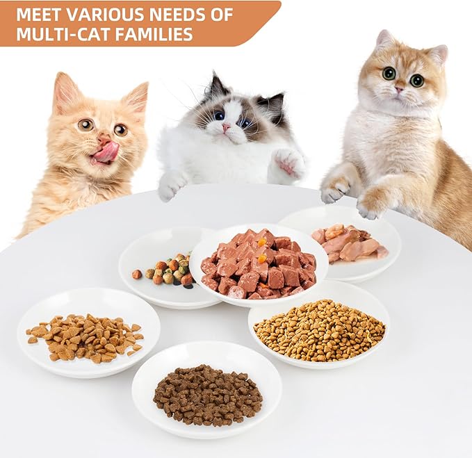 6 Pack Cat Food Bowl, Ceramic Cat Bowls, Anti Whisker Fatigue Cats Bowl Set,5.5 Inches Shallow Wide Kitten Plates for Food and Water (White-D)