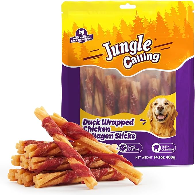 Jungle Calling 5-Inch Chicken Collagen Sticks (22-Count), Long Lasting Dog Chews, Duck Wrapped Dog Treats, Digestible Rawhide Alternative for Small Medium Dogs, Dog Bones for Teeth Cleaning, 14.1oz