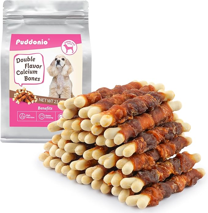 Dog Treats, Double Flavor 4 Inch Dog Chews, Chicken and Duck Wrapped Calcium Bones, Rawhide Free Snacks for Small Dogs, 21.2 oz