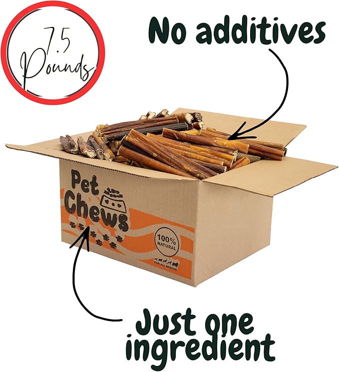 PET CHEWS™ 7.5lb Bulk Box (125 Count) Thick Bully Sticks 6 Inch - 100% Natural Beef Pizzle Dog Treats - Long Lasting, Odor-Free & Fully Digestible - High-Protein Chews for All Breeds.