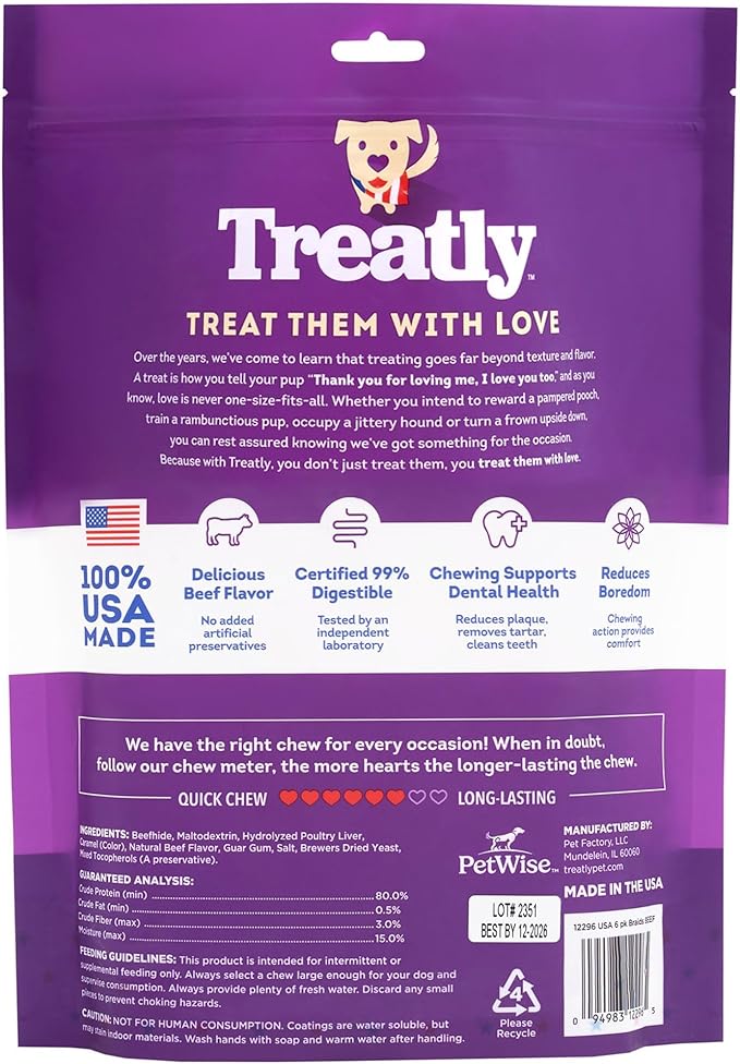 USA Beefhide Braids 7-8" Dog Chew Treats - Beef Flavor, 6 Count/1 Pack