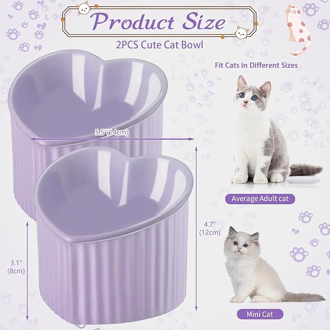 Mumufy 2 Pcs Ceramic Elevated Cat Bowls Tilted Elevated Raised Pet Bowls Anti Vomit Cat Dish for Indoor Stress Free Water Dish Feeder for Puppies, Heart Shaped (Purple)
