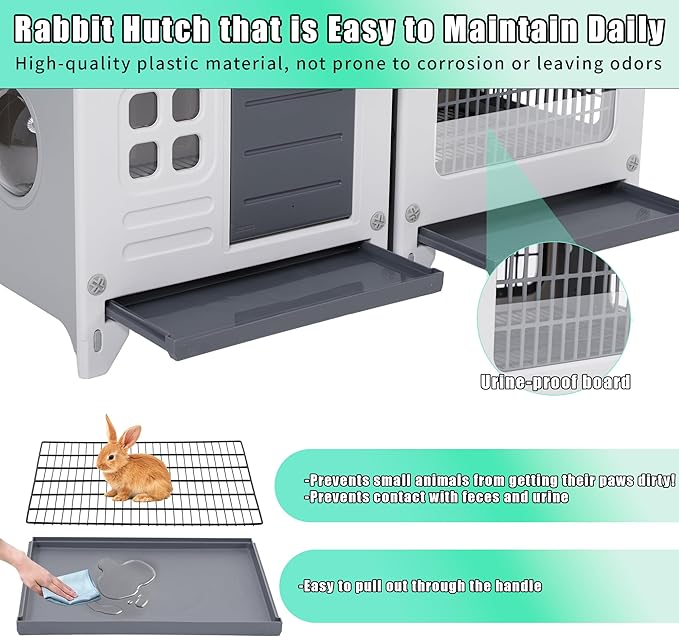 Rabbit Hutch Indoor & Outdoor with Extended Play Area, Plastic Rabbit Hutch with Sloped Roof Drainage, Panoramic Windows, Urine Barrier & Pull-Out Tray, Rabbit Cage Easy to Clean and Assemble