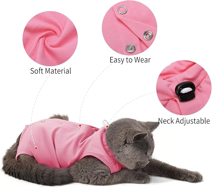 HEYWEAN Cat Recovery Suit Soft Onesie After Surgery for Female Male Cats Breathable Spay Abdominal Wound Protection Cone Alternative (Pink, Large)