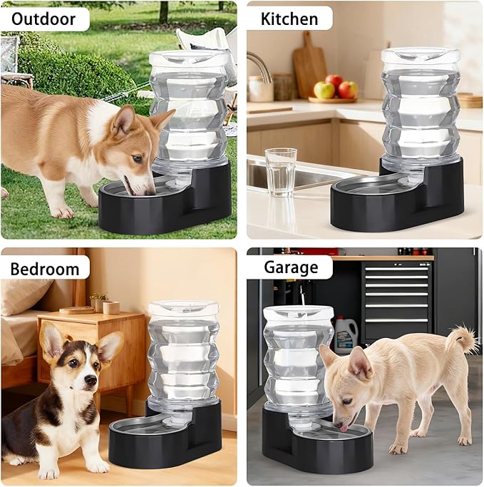 RIZZARI Dog Water Dispenser: 6.5L Black Stainless Steel Gravity Waterer - Helps Prevent Urinary Stones - Leak-Proof & Stable-Small to Medium Dogs & Cats- Daily Use-Long Hours Away & Home