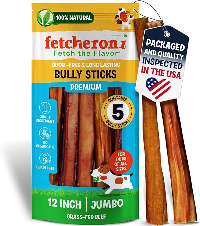 Jumbo Bully Sticks for Dogs - 100% Beef, Rich Flavor - A Thick, Easily digestible Stick for Your Large Dog and Aggressive chewers -Dog Bully Sticks for Large Dogs (12 Inch, 5 Pack)