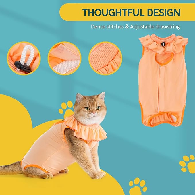 Avont Cat Recovery Suit - Kitten Onesie for Cats After Surgery, Cone of Shame Alternative Surgical Spay Suit with Ruffles for Female Cat, Post-Surgery or Skin Diseases Protection -Apricot (L)