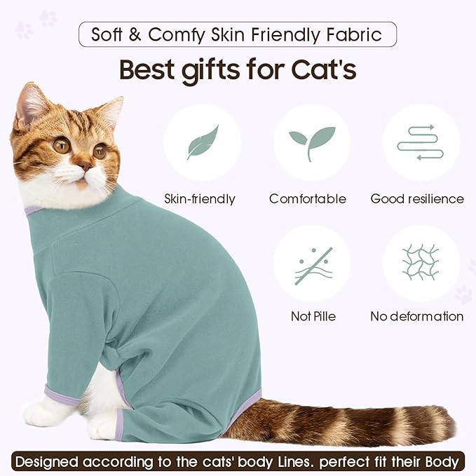 DENTRUN Cat Clothes for Hair Control with Hair Sticky Fabric - Soft Recovery Suit & Breathable Lint-Resistant Cat Sweater for Cats Only, Kitten Onesie Pajamas, XXL, Bean Green