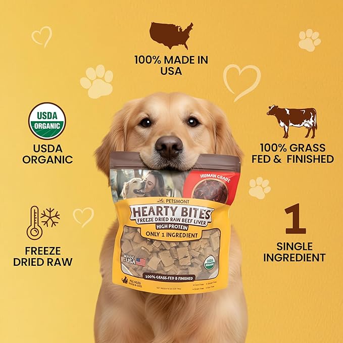 Petsmont Hearty Bites - Organic Freeze-Dried Beef Liver Dog Treats Single Ingredient All Natural, Preservative Free, No Filler Beef Treat for Dogs High Protein Dog Snacks Made in The USA - 8oz