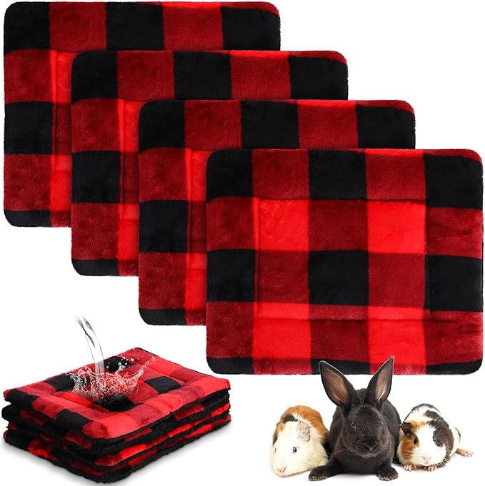 Haull 4 Pcs Waterproof Guinea Pig Bedding Guinea Pig Bed Plush Cage Liners Soft Rabbit Dog Crate Pad Cat Mat Reversible Cozy Animal Pee Pad Hamster Bunny Mat Accessory(Christmas Plaid,13 x 10 Inch)