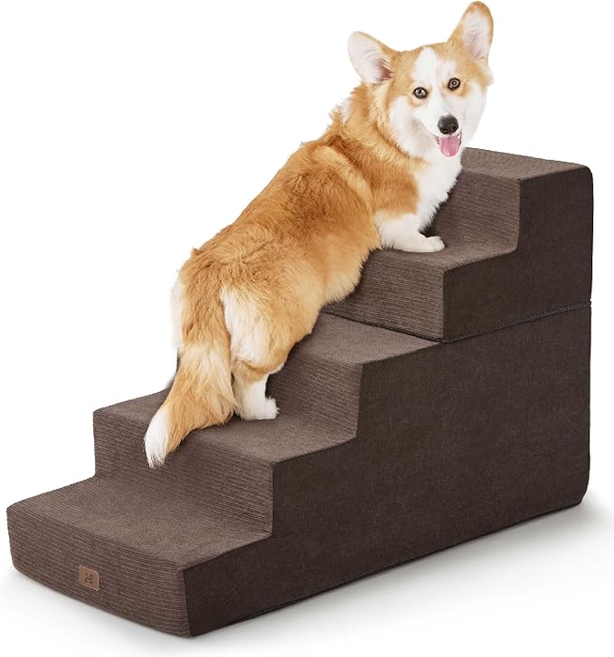 ABCPET Dog Stairs for High Bed, Dog Steps for Bed Couch Sofa, 35D Foam Pet Steps for Small Dogs and Cats, Extra Wide Pet Stairs with Non-Slip Bottom Brown, 5 Steps