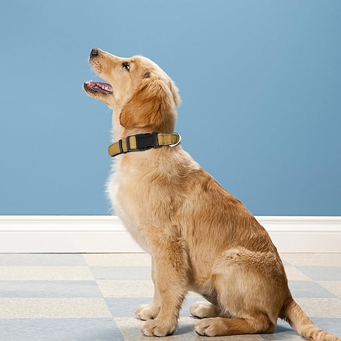 Reflective Dog Collar, Adjustable Soft Neoprene Padded Nylon Pet Collars with Buckle for Large Dogs, Khaki,L