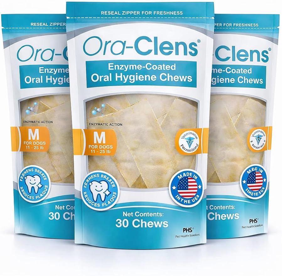 Oral Hygiene Chews for Medium Dogs – Enzymatic Dental Treats for Daily Oral Care, Helps Clean Teeth & Freshen Breath, Supports Plaque & Tartar Control – 30 Chews (3 Pack)