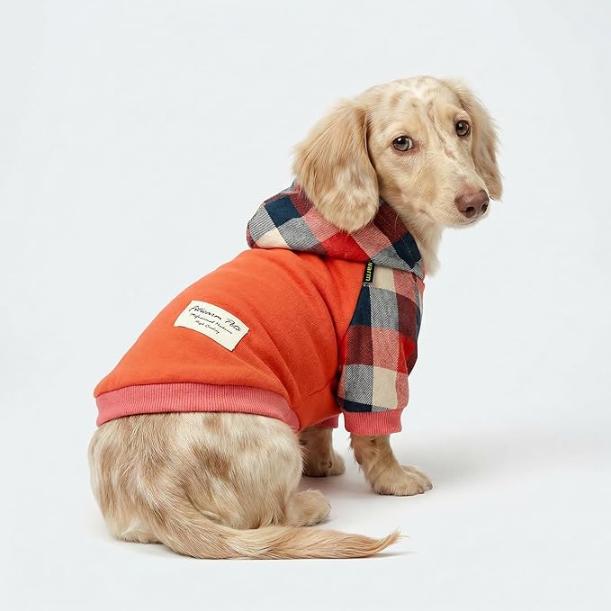 Fitwarm Dog Plaid Shirts Doggie Clothes Puppy Hoodies Cat Hooded T Shirts Pet Outfits Cotton Orange XS