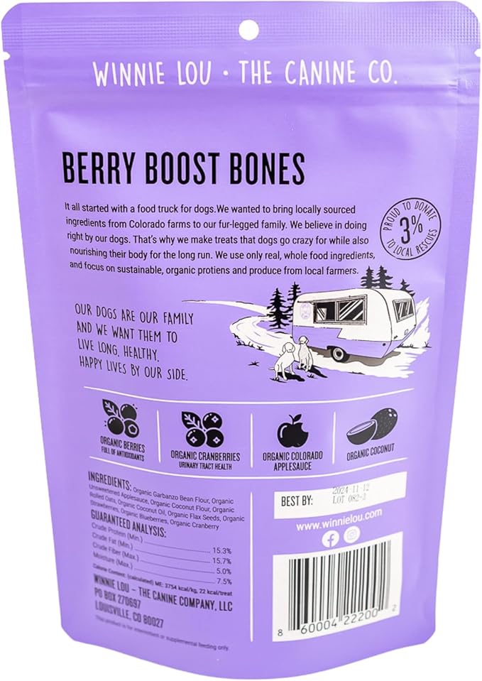 Winnie Lou Organic Dog Treats – Natural Dog Biscuits, USA Made, Organic Ingredients, Clean, Sensative Stomach, All Breed Sizes, High Protein, Hypoallergenic, Berry Boost Bones (Pack of 2)
