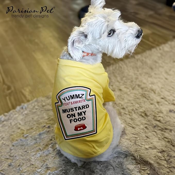 Parisian Pet Dog Costume - 100% Cotton Yellow Dog Clothes for Medium Dogs - Lightweight Puppy Outfits - Funny Schitzu Clothes - Sleeved Mustard Shirt for Dogs - Stretchy and Stylish Pet Costume