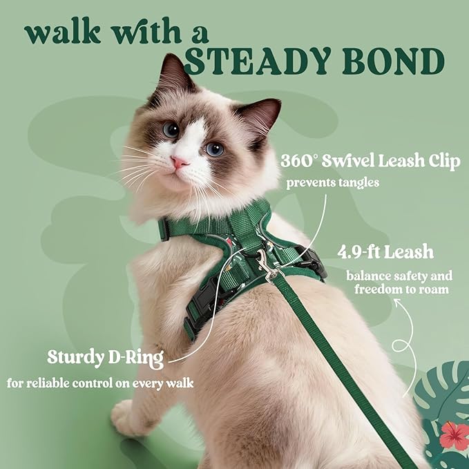rabbitgoo Cat Harness and Leash for Walking, Escape Proof Soft Adjustable Vest Harnesses for Cats, Easy Control Breathable Reflective Strips Jacket,Rainforest Green,XXS