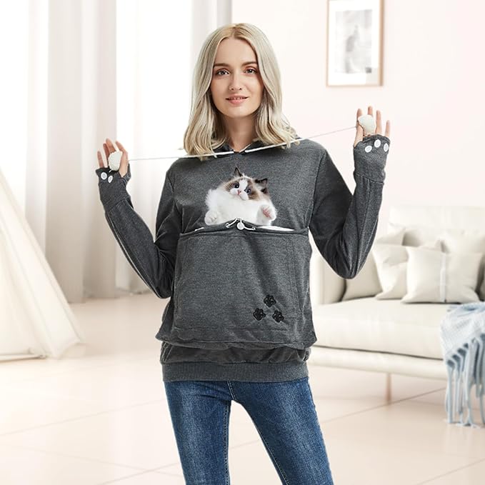 YYW Womens Pet Hoodies Pullover Sweatshirt Oversized Cat Hoodies Pet Holder Cat Dog Pouch Carriers (Dark Grey,XX-Large)