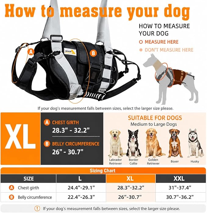 Dog Lift Harness for Large Dogs,Full Body Dog Sling Carrier with Handle,for Up Stair/Back Legs Support/Dogs Joint Injuries/Arthritis (Black, Extra-Large)