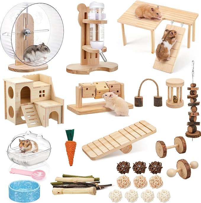 40 Pcs Hamster Cage Accessories, 9.5'' Exercise Wheel, Wood Platform Hideout House, Water Bottle, Sand Bath, Bowl, Chew Toys for Syrian Hamsters Mice Gerbils Habitat Decor(Interactive Style)
