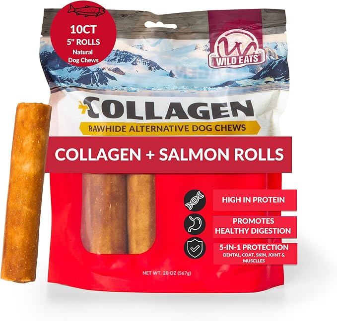 Wild Eats Salmon Flavor Collagen Retriever Style Cheek Rolls 5" Dog Chews-10 Pack (Long Lasting Dog Chews Treats & Bones for Medium Dogs) Rawhide Alternative, No Hide, Pig Ears Substitute for Dogs