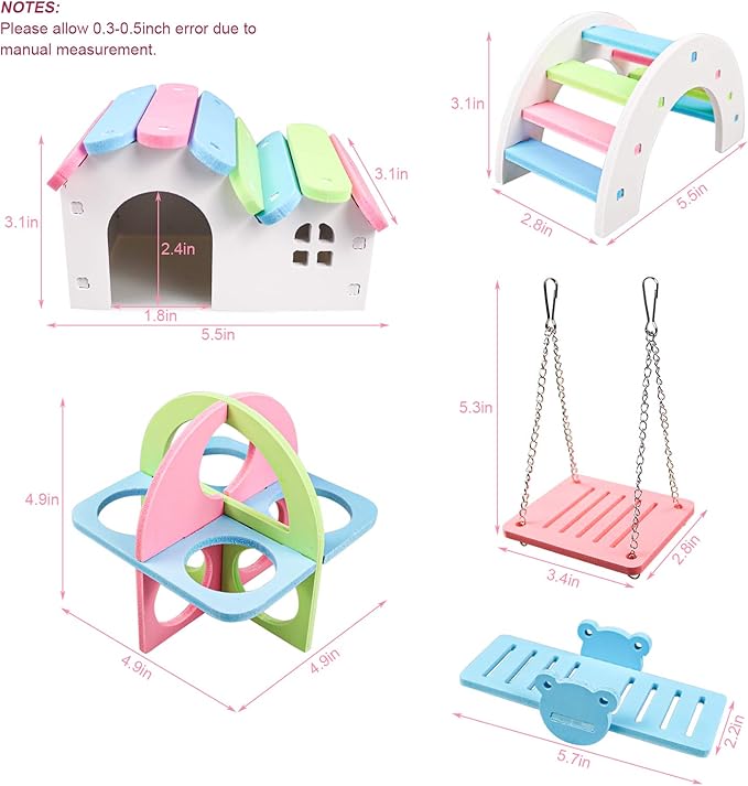 Dwarf Hamsters House DIY Wooden Gerbil Hideout Rainbow Bridge Swing and Pvc Seesaw, Suitable for Small Animal Habitat, style-1